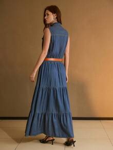 MOTF PREMIUM WOMEN'S LONG ROMANTIC FLARED TENCEL DENIM DRESS - Blue - View 3