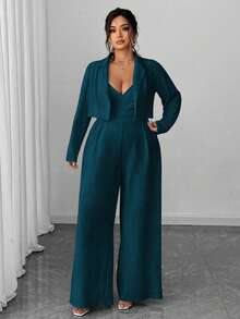Elenzga Bộ đồ liền thân ống rộng 2 món, áo khoác blazer công sở thanh lịch tối giản dành cho nữ cỡ lớn và áo liền quần không tay thắt eo - Màu xanh ngọc - Xem 3