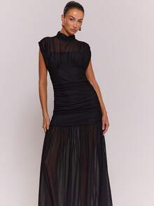 MUSERA 网纱衬里褶皱长裙，舒适可爱，休闲百搭，适合夜晚外出、约会、派对等场合，尽显优雅气质。 - 黑色 - 查看 2