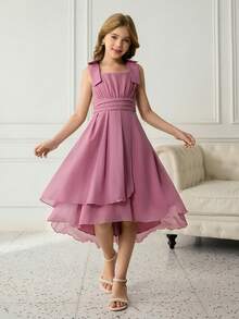 少女无袖可拆卸蝴蝶结腰带多层荷叶边下摆派对连衣裙，优雅大方，适合圣诞节、聚会等场合。 - 粉色 - 查看 1