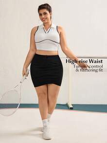 Flexra Plus Size Women High Waist Pleated Casual Denim Mini Skirt - Black - View 5
