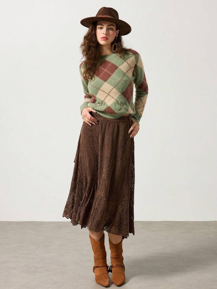 MYSTAURA Vintage Collegiate Argyle Contrast Color Crew Neck Fuzzy Knit Sweater, Suitable For Layering - Multicolor - View 1