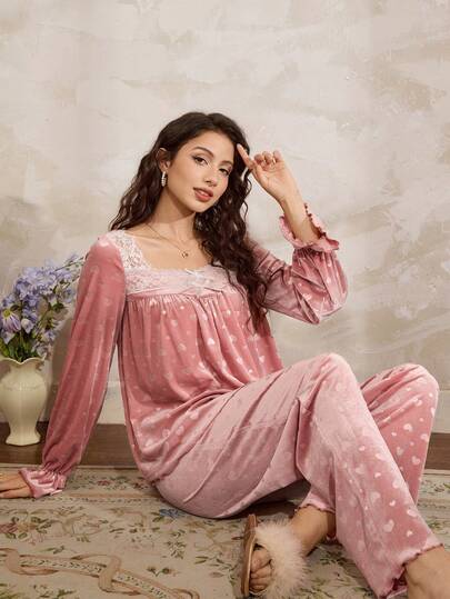 Côtesoire Women's French Heart Velvet Embossed Square Collar Lace Trim Long Sleeve Pajama Set Sleep Woman Night Wear Home Wear Women Ariat Sleep Wear Women Set Women Pajama Pajamas Set For Woman Home