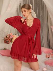 2pcs Mature & Sexy Chiffon Camisole Dress & Mesh Robe Sleepwear Set For Women Bride Lace Sleepwear Red Sleepwear 2piece Nightgown Red Night Gown Sexy Sleepwear Women