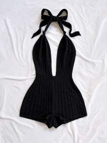 Soleia Women's Vacation Black Knit Fairy Crinkle Texture Deep V Neck Tie Front Bodysuit, Slim Fit, Suitable For Party, Christmas, Date Night, Nightclub, Bohemian, Boho, Vacation, Fall One Piece Romper Knitted Bathing Suit Sexy Vacation Outfits Beach Club Outfit - Black - View 6