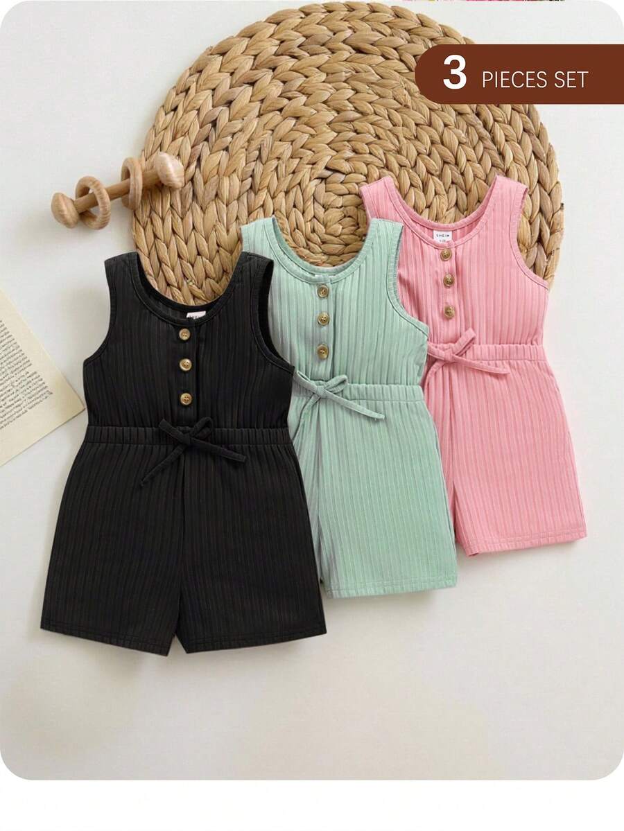 3pcs Baby Girl Casual Knit Solid Color Camisole And Shorts Set - Multicolor - View 1