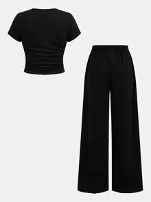 SHEIN Tween Girls Leopard Bow Print Short Sleeve T-Shirt & Long Pants 2 Pieces Set, Casual Daily Fashion Matching Outfit Teen 2 Pieces Pants Set Girls Ribbed Set Girls Pants And Top Flare Pants Set Kids Girls Wide Leg Pants Set - Black - View 3