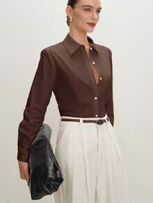 BizChic 2026 Primavera/Verão Nova Camisa Feminina Minimalista Versátil com Colarinho e Botões na Frente, Elegante Moderna Urbana para Uso Diário, Romântica Retrô dos Anos 90, Adequada para Natal, Ano Novo, Dia dos Namorados, Festa, Praia, Formatura, Moda, Carnaval, Férias, Convidado de Casamento, Brunch, Aeroporto, Multi-Ocasião - Castanho - Visão 4