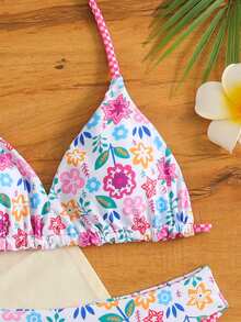 女童数码印花双面穿吊带比基尼泳衣套装，花卉格子图案，细肩带三角罩杯比基尼，款式保守，适合度假、海滩和夏季穿着。 - 彩色 - 查看 4