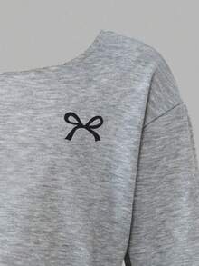 Sweetra 青少年女孩蝴蝶结印花不对称露肩不对称下摆休闲运动衫 - 灰色 - 查看 3