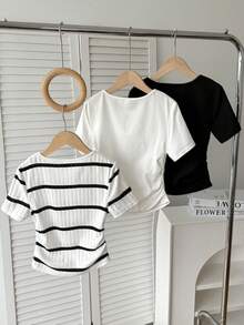 SHEIN 3件套 少女修身休闲纯色圆领褶皱短袖T恤 - 彩色 - 查看 2