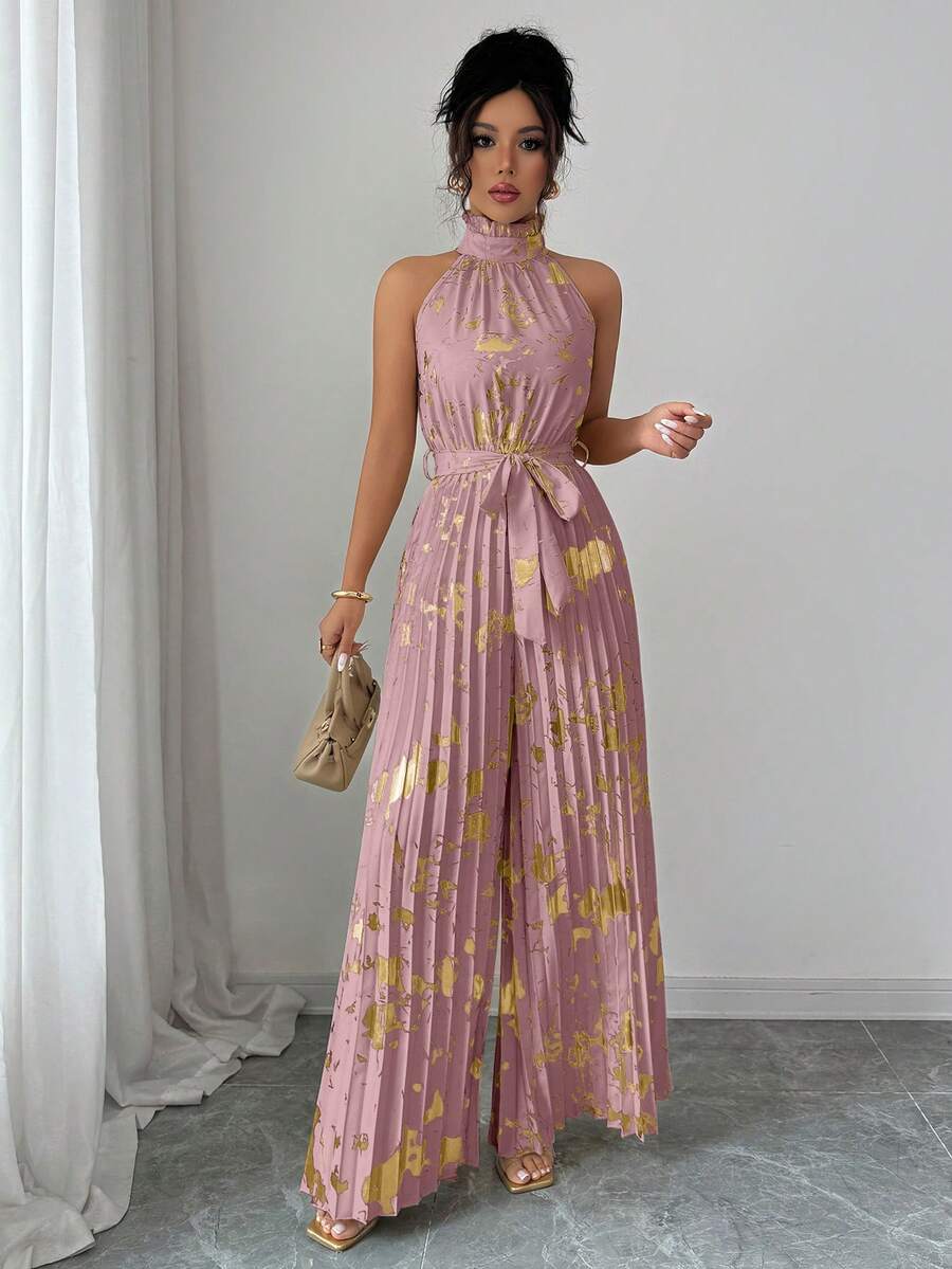 Elenzga Mono de pierna ancha elegante y romántico con cuello de volantes sin mangas para mujer, ideal para Halloween - Rosa - Ver 1