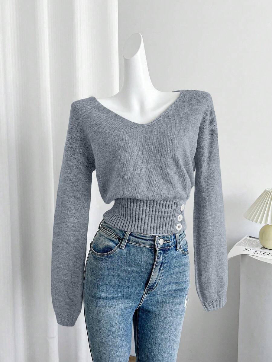 Celisse Áo len dài tay cổ chữ V trễ vai màu trơn, thắt eo cho nữ, thời trang thu đông - Màu xanh bụi bặm - Xem 1