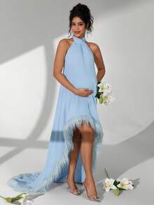 Cheriluna Maternity Sleeveless Halter Neck Maternity Maxi Dress, Short Front Long Back With Furry Hem And Train - Baby Blue - View 5