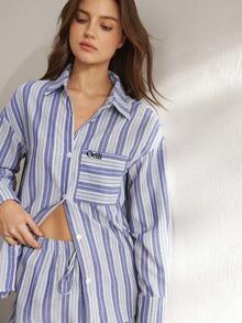 Ocili Women's Comfortable Cotton Striped Basic Casual Chic Autumn Easy Comfort Autumn Slumber Lounge Set, Winter Clothes - Blue and White - View 5
