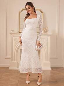 Amorya Đầm trắng thanh lịch dành cho nữ, cổ vuông, tay dài, chất liệu jacquard, dáng ôm sát, xếp ly, tà đuôi cá, thích hợp mặc hàng ngày, hẹn hò, dự tiệc vào mùa thu, đông, đầu xuân, cũng như các dịp lễ tình nhân. - trắng - Xem 5