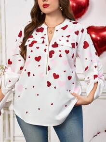 EMERY ROSE Plus Size Women's Spring Vacation Casual Round Neck Half Zip Front Heart Print Casual Rolled Sleeve Long Sleeve White Blouse,Early Spring/Valentine's Day, Spring Break,Holiday,Going Out,2026 New,Simple And Fashionable For Everyday Wear,Everyday,Summer - Multicolor - View 4
