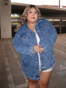 Enliva Veste en jean minimaliste décontractée à manches longues avec boutons devant et poches, grande taille - Jean brut - Voir 4