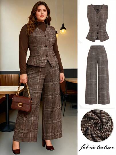Auvina Plus Size Women's Plaid Sleeveless Cardigan Vest + Elegant Vintage Loose Pants 2 Piece Set