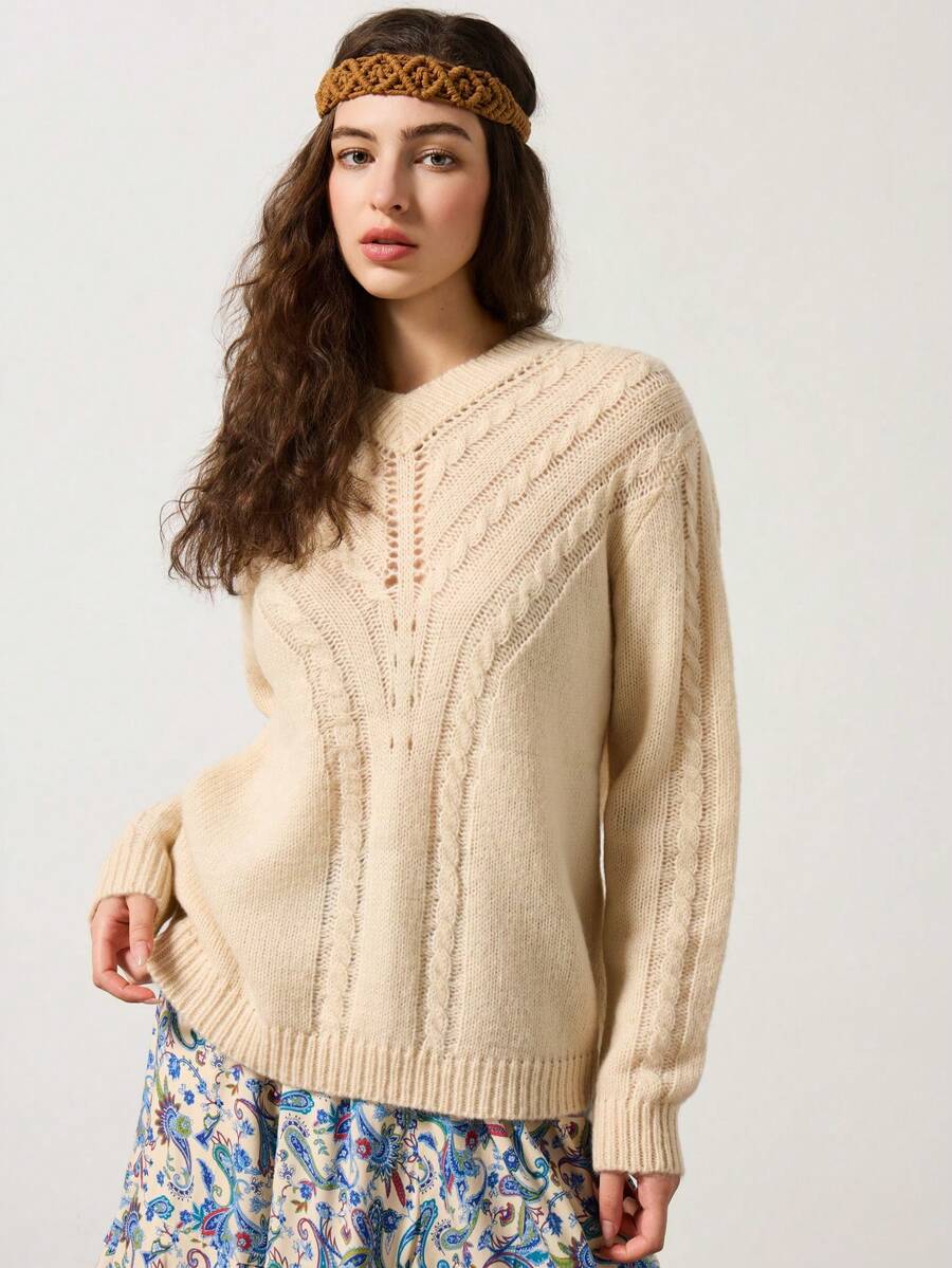 Elafinee Mohair Hollow Out Twist Knit Sweater, Loose V-Neck, Luxury Style, Spring & Autumn - Apricot - View 1