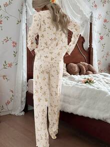 CottageSlumber 女士可爱碎花罗纹边长袖长裤浪漫花卉睡衣套装 - 黃色 - 查看 2