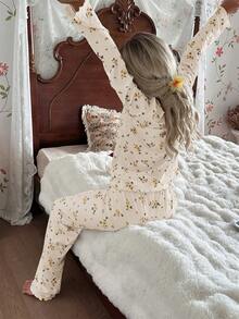 CottageSlumber 女士可爱碎花罗纹边长袖长裤浪漫花卉睡衣套装 - 黃色 - 查看 5