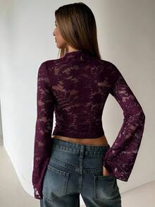 Aloruh Women's Autumn Fashion Contrast Lace Flare Sleeve T-Shirt - Purple - View 3