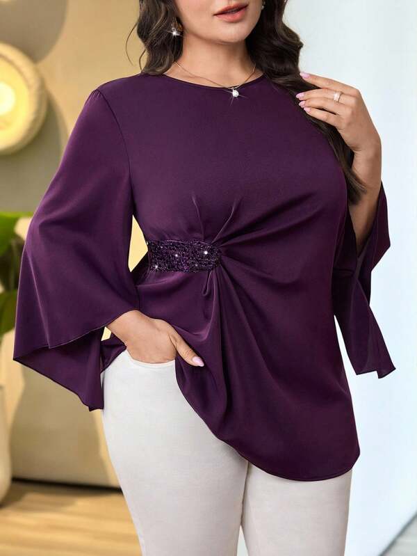 Modelyn Plus Size Women's Purple Sequin Decor Round Neck Long Sleeve Top