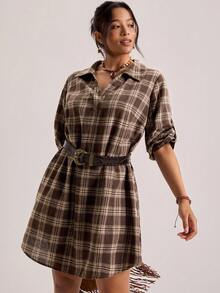 Freevana Váy kẻ caro cổ điển thường ngày cỡ lớn tay cuộn - Cà phê nâu - Xem 7