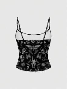ROMWE Spring/Summer Graphic Flower Black Gothic Dark Skeleton, Plant, Moon & Star, Butterfly Print Low-Cut Camisole For Women - Black - View 2