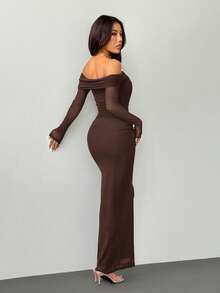 SHEIN PETITE 露肩网纱扭结褶皱连衣裙，修身剪裁，长袖，浪漫约会连衣裙，娇小身材亦可穿着 - 棕色 - 查看 2