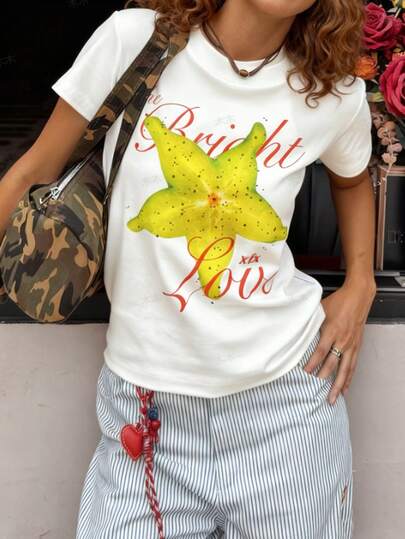 Resyla Women's Casual Pineapple Letter Print Short Sleeve White T-Shirt, Suitable For Daily Commute And Vacation