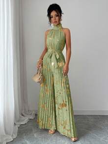 Elenzga 万圣节服装 无袖荷叶领优雅浪漫精致女士阔腿连体裤 - 綠色 - 查看 6