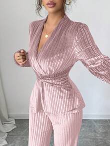 Elenzga 新款优雅V领扭腰长袖上衣和喇叭裤套装 - 淺粉色 - 查看 7