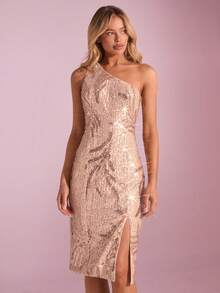 SHEIN Glamour 女士亮片装饰不对称露肩短裙 - 香檳色 - 查看 5