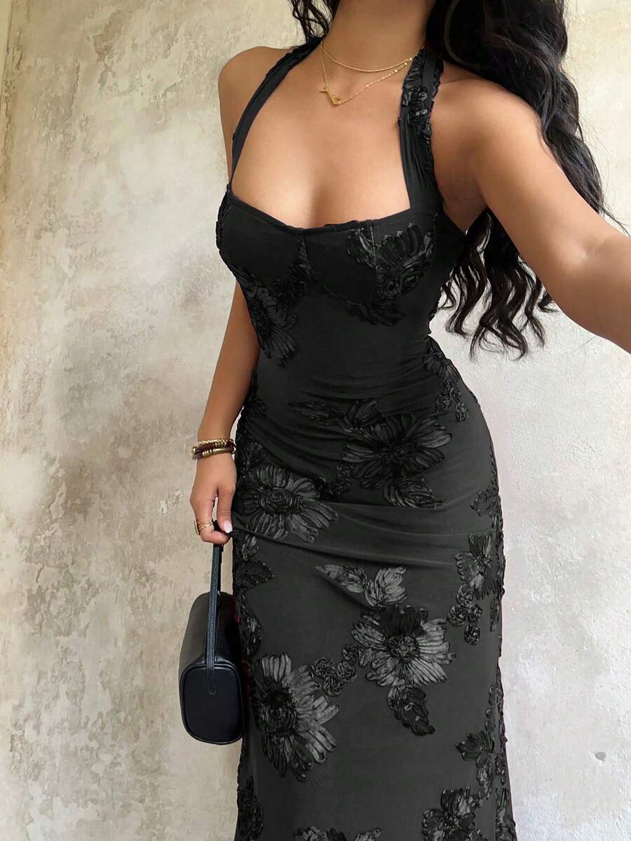 SHEIN Unity Váy đuôi cá dài ôm sát màu đỏ tía dành cho nữ, thêu sang trọng thanh lịch cho đám cưới, tiệc tùng, tiệc tối, bãi biển, buổi tối đi chơi, hẹn hò, mùa thu, ngày lễ tình nhân, giáng sinh - màu đen - Xem 1