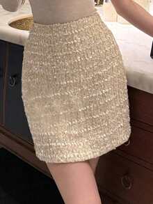 DAZY Chân váy mini ôm sát thanh lịch đính sequin dành cho nữ, thích hợp cho mùa Thu/Đông, Tết Nguyên Đán và Lễ hội Carnival. - Màu be - Xem 6