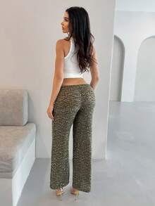 Shopreo Pantalón ancho de ganchillo con lentejuelas elegante para el verano, vestido de playa, vacaciones, estilo boho ibicenco para mujer - Verde Oliva - Ver 2