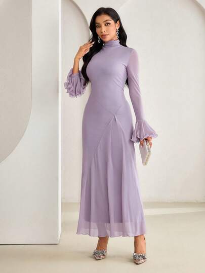 Veilorie Women's Solid Color High Neck Bow Flare Sleeve Elegant Party Arabic Style Dress