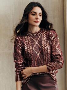 Anewsta Burgunderroter metallisch folierter strukturierter locker gestrickter Rundhals-Pullover für Frauen, eleganter Vintage-Pullover für Party, Club, Herbst, Winter, Frühling, Neujahr - Rot - Übersicht 4