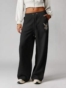 Missguided x Playboy Leopard Print Applique Wide Leg Joggers With Elastic Waistband And Drawstring Comfortable Casual Sweatpants For Fall Winter - Black - View 2