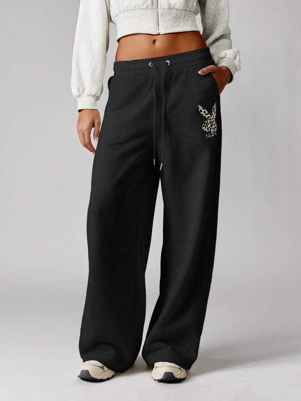 Missguided x Playboy Leopard Applique Wide Leg Joggers With Drawstring