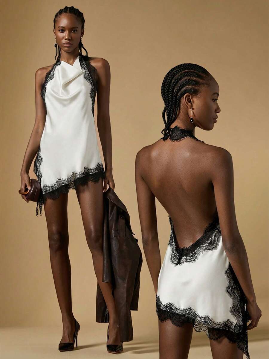 Briarwyn White Elegant Satin Lace Trim Backless Mini Dress For Women, Halter Neck Party Evening Dress - White - View 1