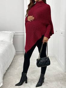 SHEIN Elegante Poncho de Suéter Gola Alta de Cor Sólida para Mulheres Grávidas, Outono/Inverno - Vinho - Visão 5