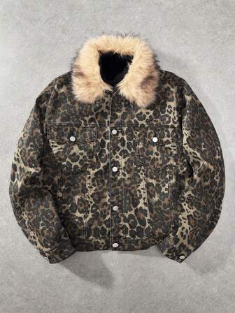 Grunge Punk Chaqueta vaquera de manga larga con botones delanteros, parches y estampado de leopardo de piel sintética para hombre