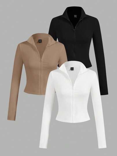 SHEIN EZwear 3pcs/Set Women Casual Minimalist White, Black, Khaki Knit Zip-Up Long Sleeve T-Shirts, Autumn/Winter Crop Jackets