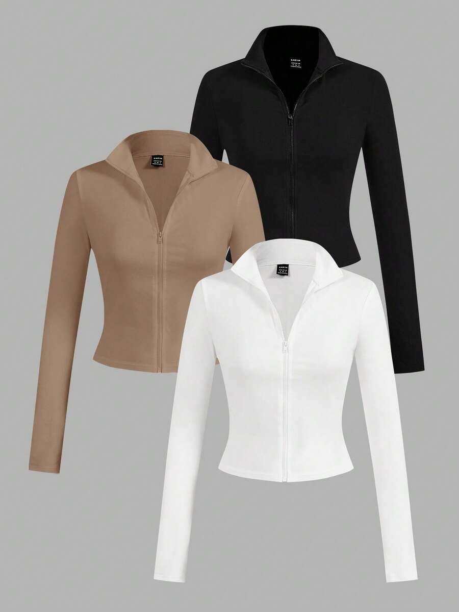 SHEIN EZwear 3件套 女士休闲简约白色、黑色、卡其色针织拉链长袖T恤,秋冬季 - 彩色 - 查看 1