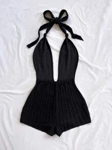 Soleia Women's Vacation Black Knit Fairy Crinkle Texture Deep V Neck Tie Front Bodysuit, Slim Fit, Suitable For Party, Christmas, Date Night, Nightclub, Bohemian, Boho, Vacation, Fall One Piece Romper Knitted Bathing Suit Sexy Vacation Outfits Beach Club Outfit - Black - View 2