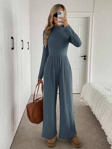 Easowa 高领斜插口袋修身长袖阔腿连体裤，罗纹面料，休闲优雅的办公穿着，秋冬女装 - 藏蓝色 - 查看 1