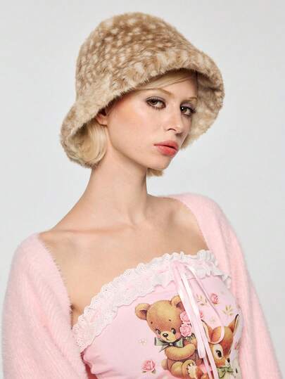 Goth 1pc Brown YK Millennium Babe Cute Adorable Deer Texture Fashion Minimalist Fuzzy Bucket Hat For Women, Suitable For School, Casual, Date, Travel, Christmas Warm Item